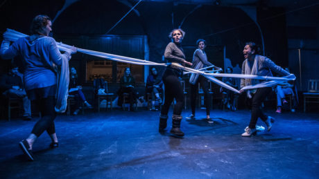 Pericles (Raghad Makhlouf) is caught in the sea as created by the ensemble (Lida Maria Benson, Lori Pitts, and Rocelyn Frisco) in In This Hope: A Pericles Project from The Welders. Photo by Teresa Castracane.