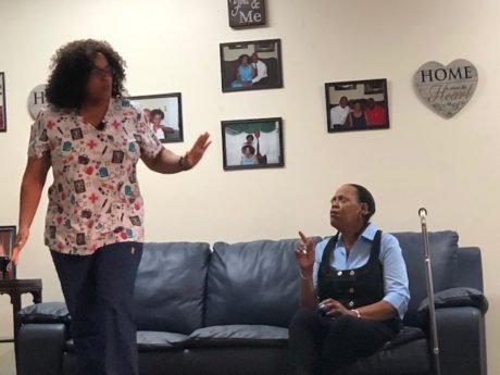 Jacqueline Agee (Carolyn) and Brendalyn Harper (Helen) in The Benjamins, performed by the Music and Drama Ministry at Shiloh Baptist Church of Landover. Photo by William Powell.