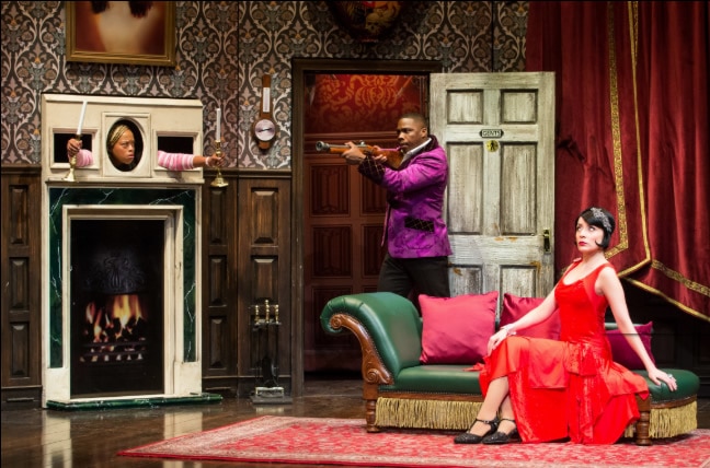 (Angela Grovey, Yaegel T. Welch and Jamie Ann Romero in 'The Play That Goes Wrong' at the Kennedy Center. Photo by Jeremy Daniel.