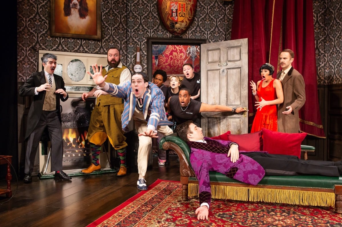 Bartley Booz, Brent Bateman, Matt Walker (falling), Bianca Horn, Maggie Weston, Ryan Vincent Anderson, Damien Brett, Chris Lanceley (on couch), Ashley Reyes, and Matt Harrington. Photo by Jeremy Daniel.