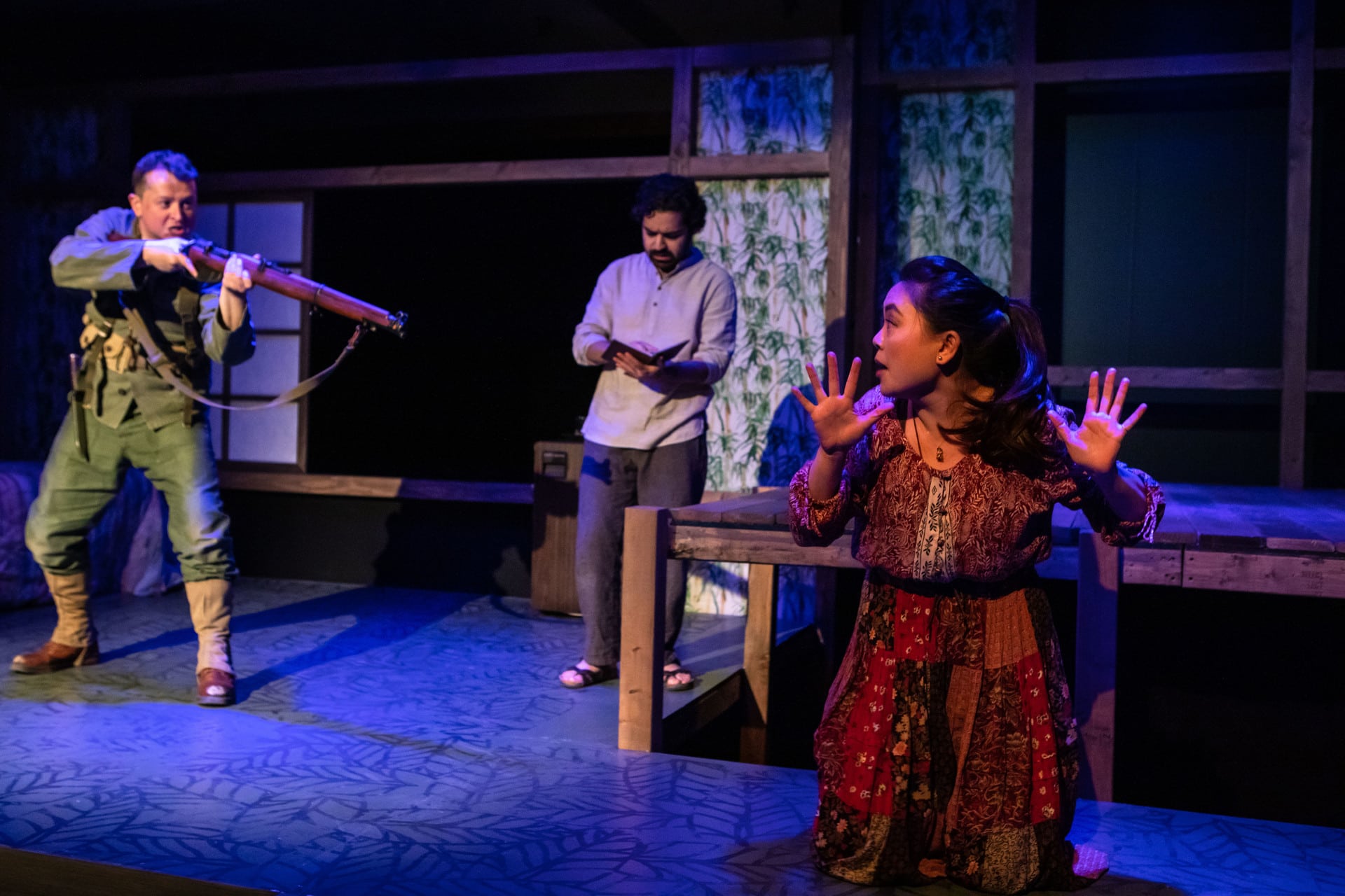 Chris Stinson, Nahm Darr, and Julie M in 'Among the Dead' at Spooky Action Theatre. Photo by Tony Hitchcock.