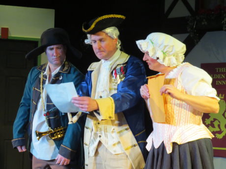 Dorn (Terence Heffernan), Freytag (John Morogiello), and Frau Schmidt (Rebecca A. Herron) find a secret manuscript. Photo by Elizabeth Kemmerer.