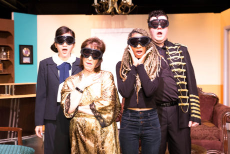 MK (Joy Liu), Beatrice (Joy Gerst), Flo (Tawny Rucker), and Mort (Brian Stepowany) watch the bomb blast in Greenbelt Arts Center's production of 'The Honey Trap.' Photo by Kimberly Curren.