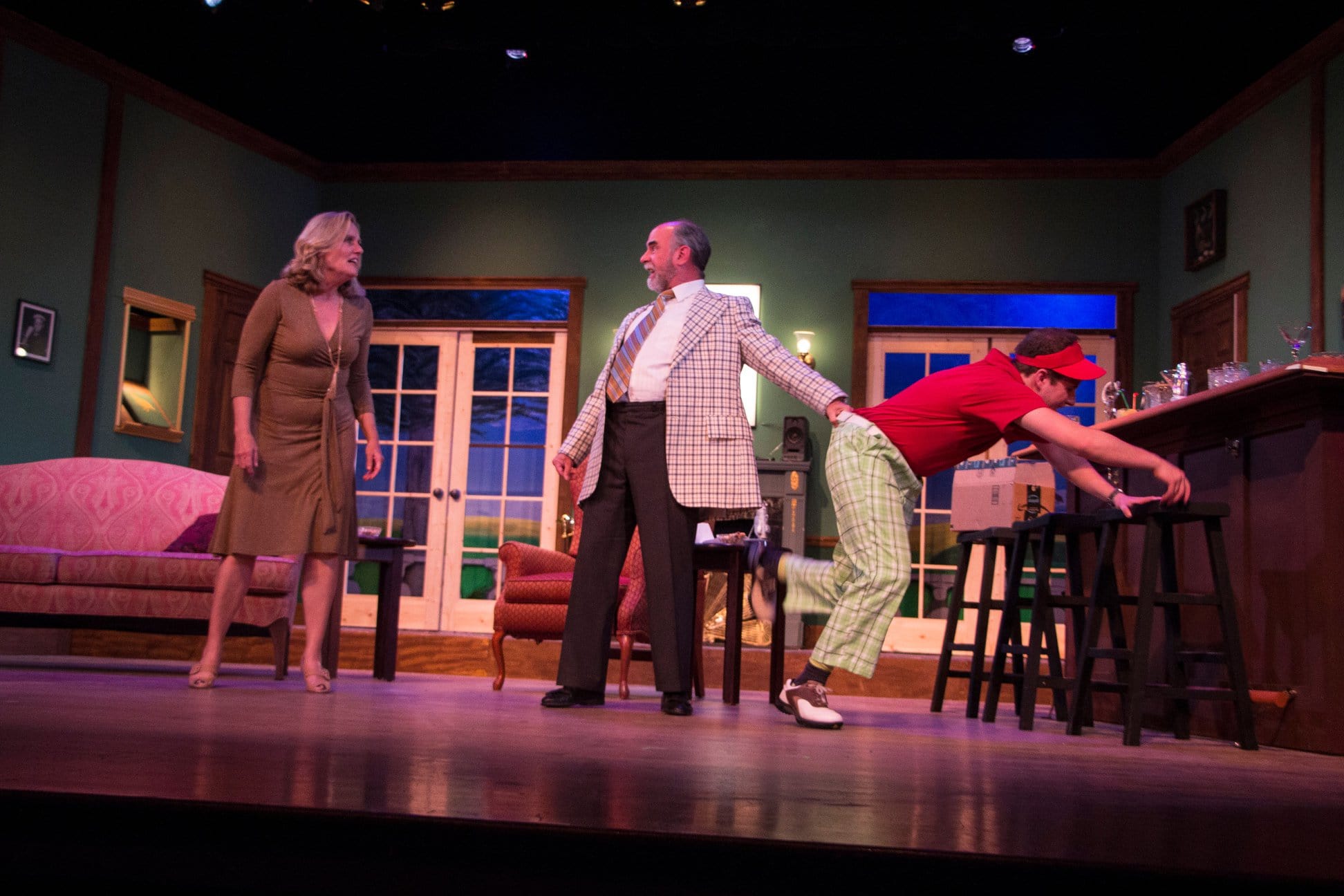Patricia Nicklin as Pamela Peabody, Ken Kemp as Henry Bingham and Cameron McBride as Justin Hicks in 'A Fox on the Fairway' at Little Theatre of Alexandria. Photo by Matt Liptak.