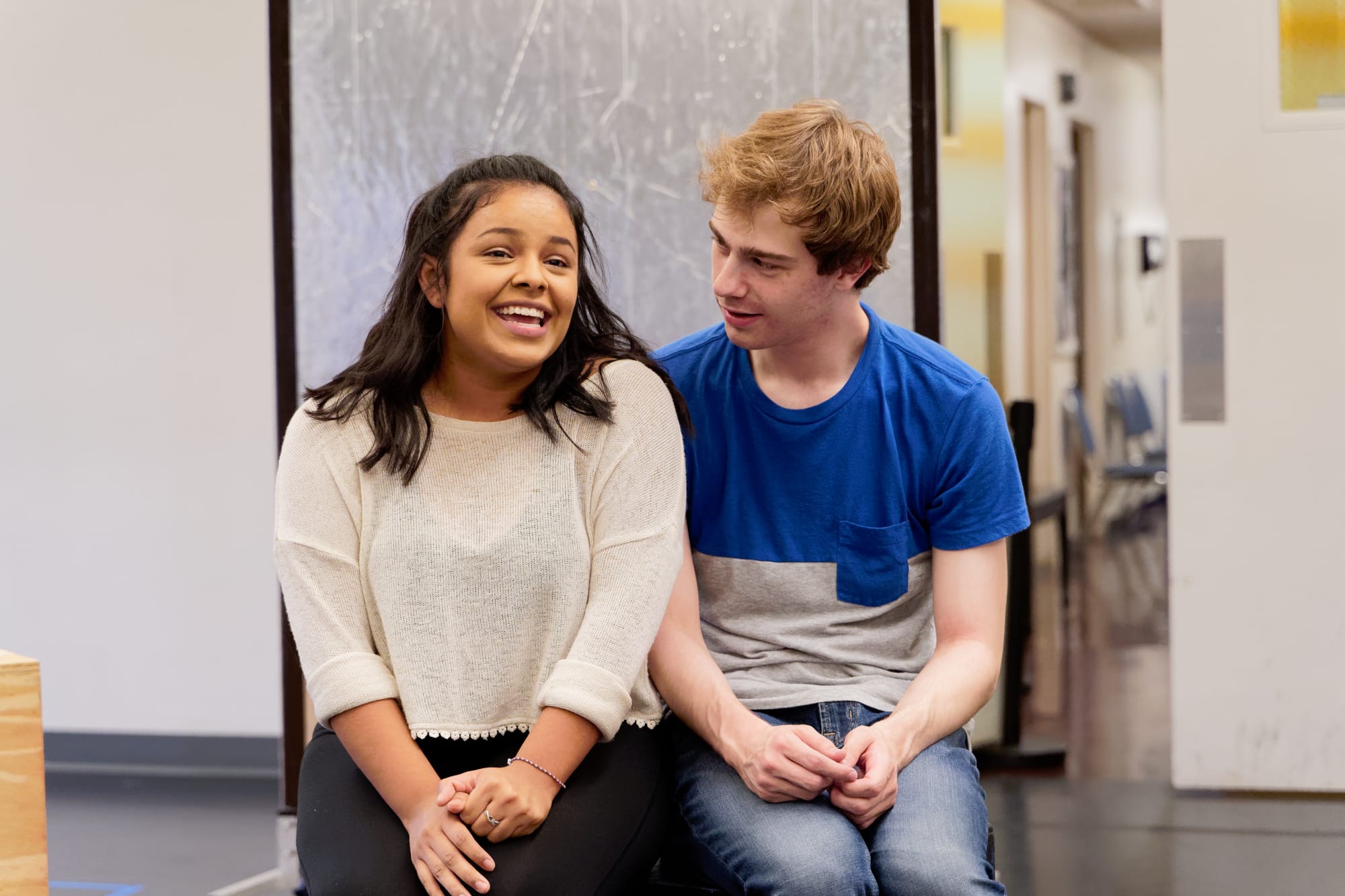 Jyline Carranza as Christine and Ben Ribler as Jeremy in rehearsal for Monumental Theatre Company's DC-area premiere of 'Be More Chill.' Photo courtesy of Monumental Theatre Company.
