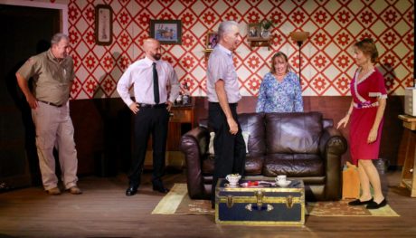 Seth (Terrence Heffernan), Nelson (Nicholas Allen), Elmer (Bill Hurlbut), Zona (Carol Randolph) and Helen (Liz Weber) in 'Helen on Wheels' at Best Medicine Rep. Photo by Mary Roberds.