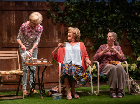 Helen Hedman as Sally, Catherine Flye as Vi, and Brigid Cleary as Lena in 'Escaped Alone' at Signature Theatre. Photo by Margot Schulman.