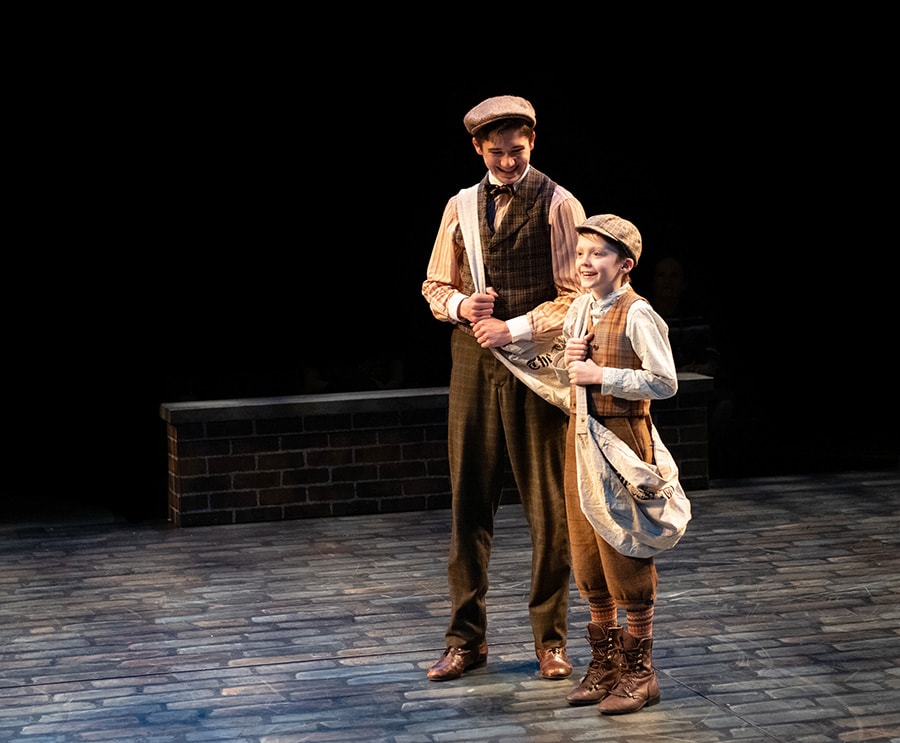 Ethan Van Slyke (Davey) and Josiah Smothers (Les) in 'Newsies' at Arena Stage. Photo by Margot Schulman.
